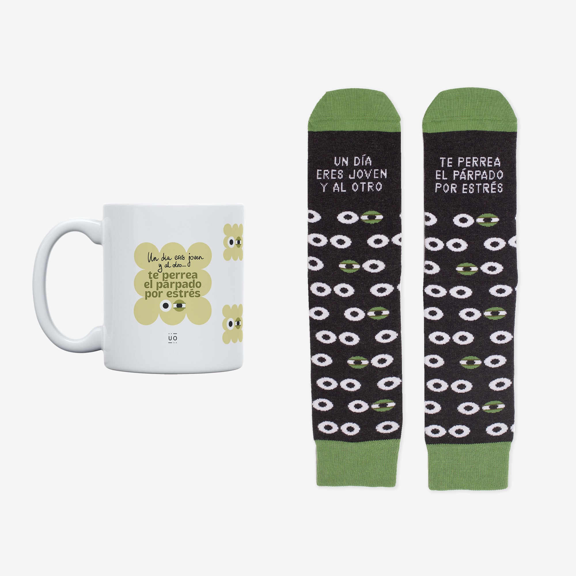Kit Taza + Calcetines "Un día eres joven y al otro te perrea el párpado del estrés"