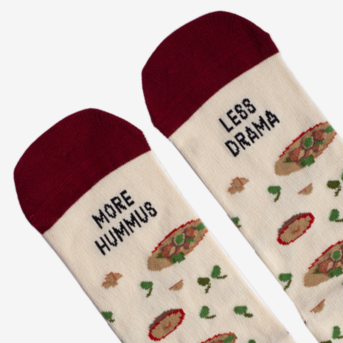 Calcetines solidarios "More hummus, less drama"