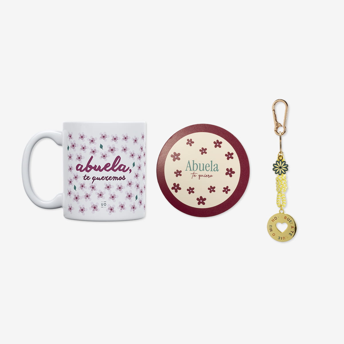 Kit Taza + Posavasos + Llavero "Abuela te quiero mucho"