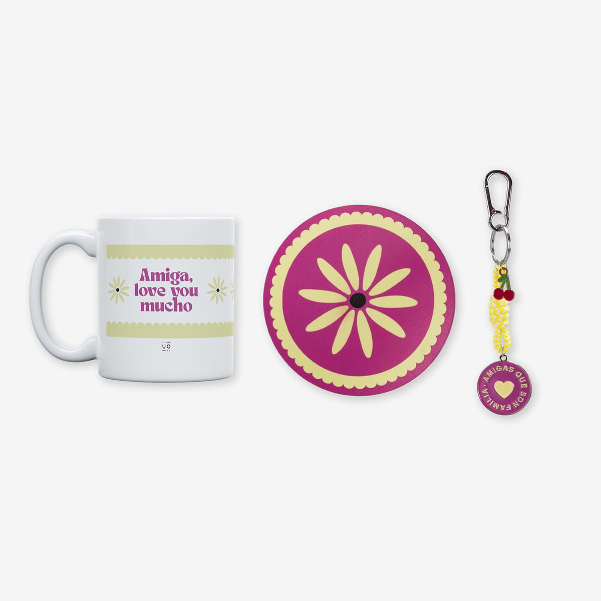 Kit Taza + Posavasos + Llavero "Amigas que son familia"