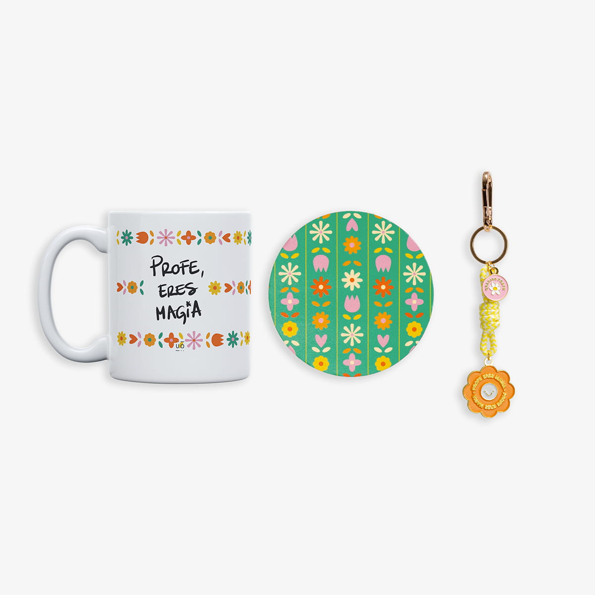 Kit Taza + Posavasos + Llavero metálico "Profe eres magia"
