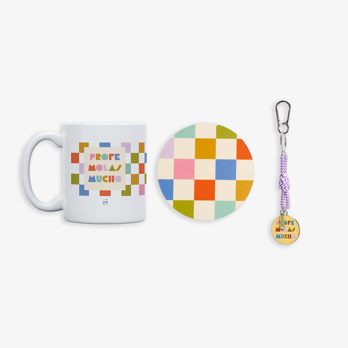 Kit Taza + Posavasos + Llavero metálico "Profe molas mucho"