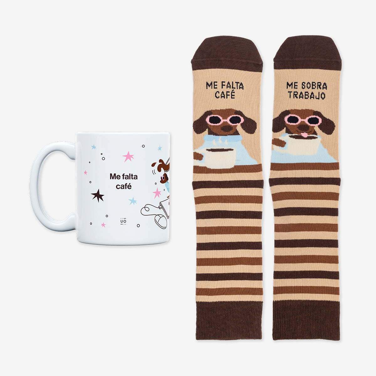 Kit Taza + Calcetines "Me falta café, me sobra trabajo"