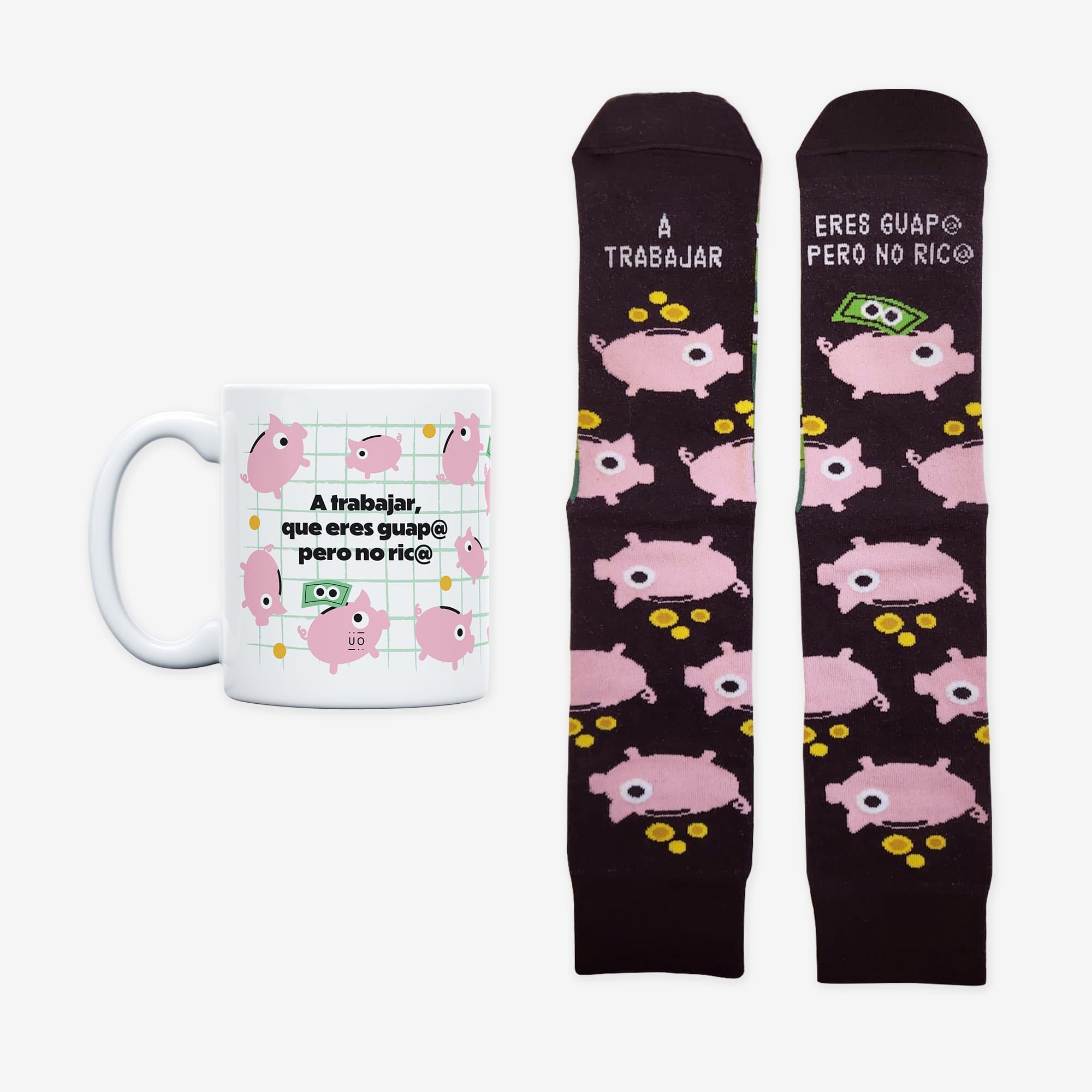 Kit Taza + Calcetines "A trabajar, que eres guap@ pero no ric@"