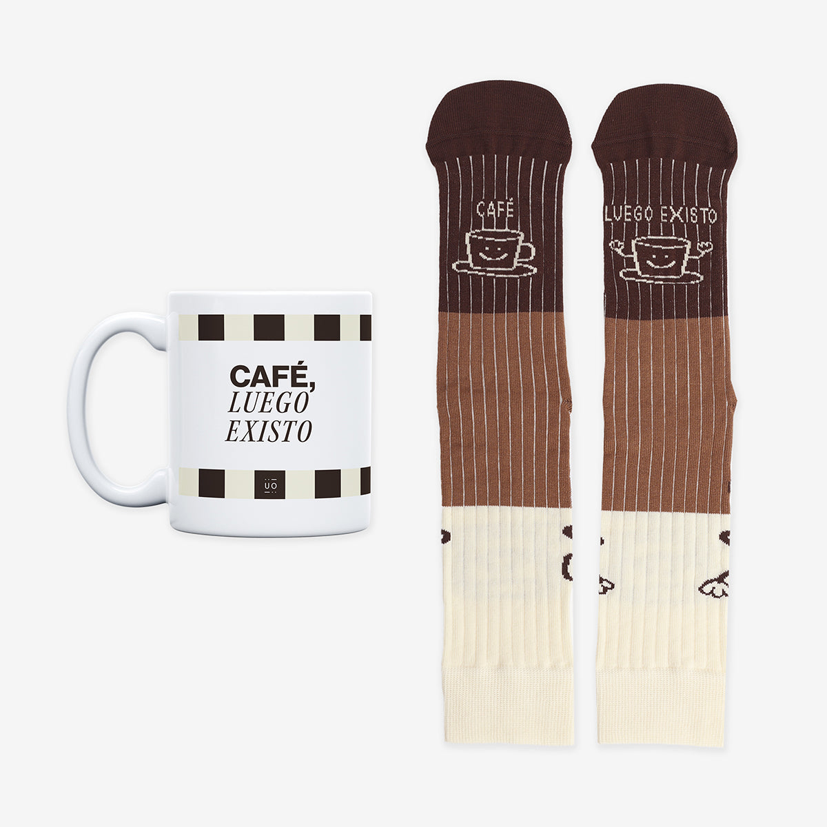 Kit Taza + Calcetines "Café, luego existo"